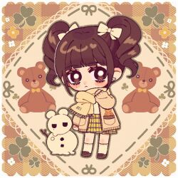 Rule 34 | 1girl, animification, black footwear, blush, bow, bright pupils, brown eyes, brown jacket, chibi, clover, commentary, earrings, frown, hair behind ear, hair bow, heart, heart earrings, highres, ive (group), jacket, jewelry, k-pop, looking at viewer, mole, mole under eye, o bianyi didi shu o, plaid, plaid skirt, real life, rei (ive), scarf, shirt, skirt, socks, solo, stuffed animal, stuffed toy, symbol-only commentary, teddy bear, twintails, white pupils, white shirt, white socks, yellow bow, yellow scarf, yellow skirt