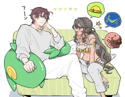 Rule 34 | 1boy, 1girl, andromeda (fate), andromeda (second ascension) (fate), barefoot, bikini, brown hair, casual, cetus (fate), chocolate, couch, fate/grand order, fate/prototype, fate (series), green eyes, hard hat, heart, helmet, inflatable toy, inflatable whale, kurusu piyo, long hair, navel, on couch, pants, perseus (fate), sitting, spoken object, striped bikini, striped clothes, swimsuit, vertical-striped bikini, vertical-striped clothes