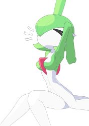 Rule 34 | &gt; &lt;, 1girl, absurdres, armpits, arms up, bob cut, breasts, collarbone, colored skin, creatures (company), female focus, game freak, gardevoir, gen 3 pokemon, green hair, green skin, hair over one eye, highres, knees together feet apart, legs, medium breasts, multicolored skin, narrow waist, nintendo, no mouth, notice lines, one eye covered, pokemon, pokemon (creature), short hair, simple background, sitting, solo, stretching, tea61285355, two-tone skin, white background, white skin