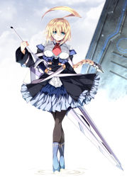 Rule 34 | 1girl, ahoge, blazblue, blonde hair, blue eyes, blush, braid, breasts, center frills, detached sleeves, dress, covered erect nipples, es (xblaze), frilled skirt, frills, greatsword, hair ornament, huge ahoge, huge sword, huge weapon, large breasts, long hair, long sleeves, looking at viewer, necktie, pantyhose, parted lips, shirt, single braid, skirt, solo, sword, taut clothes, taut shirt, underbust, weapon, yuuki makoto (radiant)