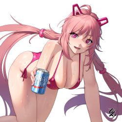 Rule 34 | 1girl, ahoge, all fours, artist logo, bare legs, beeeeen, beer can, bikini, blush, breasts, can, cleavage, commentary, commission, drink can, eyelashes, feet out of frame, floating hair, hair between eyes, halterneck, headgear, highres, holding, holding can, large breasts, last origin, long hair, looking at viewer, miho (last origin), open mouth, pink bikini, pink hair, pixiv commission, side-tie bikini bottom, simple background, slit pupils, smile, solo, string bikini, sweat, sweatdrop, swimsuit, thighs, twintails, white background