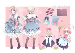 Rule 34 | 1girl, alice in wonderland, alice margatroid, alternate costume, blonde hair, blue eyes, blue hallelujah, book, boots, bow, capelet, character sheet, crossover, doll, dress, grimoire, grimoire of alice, hair bow, hairband, heart, multiple views, shanghai doll, touhou, turnaround