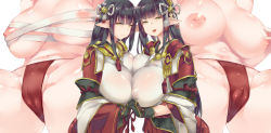 Rule 34 | 2girls, black hair, breast press, breasts, clitoral hood, clitoris, covered erect nipples, fundoshi, hair ornament, hand on own chest, hinoa, holding hands, inverted nipples, japanese clothes, large breasts, looking at viewer, minoto, monster hunter (series), monster hunter rise, multiple girls, navel, nipples, pointy ears, sarashi, siblings, simple background, sisters, spread legs, symmetrical docking, tagme, twins, wes, white background, yellow eyes