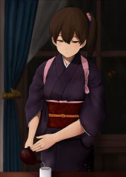 Rule 34 | 10s, 1girl, alternate costume, brown eyes, brown hair, commentary, cup, curtains, drink, flower, fuyube gin (huyube), green tea, hair flower, hair ornament, highres, indoors, japanese clothes, jewelry, kaga (kancolle), kantai collection, kimono, looking down, night, obi, official style, pouring, ring, sash, side ponytail, solo, table, tasuki, tea, teapot, wedding band, window, yukata, yunomi