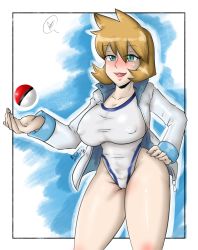 Rule 34 | 1girl, :d, absurdres, artist name, black border, blonde hair, blue background, blush, border, breasts, cameltoe, cleavage, collarbone, competition swimsuit, contrapposto, covered erect nipples, creatures (company), eyelashes, fingernails, game freak, green eyes, gym leader, half-closed eyes, hand on own hip, heart, highres, hip focus, holding, holding poke ball, impossible clothes, impossible swimsuit, jacket, large breasts, lips, long fingernails, long sleeves, misty (pokemon), nayaase beleguii, nintendo, one-piece swimsuit, open clothes, open hand, open jacket, open mouth, outline, outside border, outstretched arm, pale skin, pink lips, poke ball, poke ball (basic), pokemon, pokemon hgss, popped collar, seductive smile, short hair, smile, solo, speech bubble, spiked hair, spoken heart, swimsuit, taut clothes, taut swimsuit, teeth, thick thighs, thighs, tongue, tossing, unzipped, upper teeth only, white background, white jacket, white one-piece swimsuit, white outline, zipper pull tab