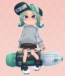 Rule 34 | 1girl, absurdres, akr tmr, bike shorts, black footwear, black shorts, closed mouth, green hair, grey sweater, highres, long sleeves, looking at viewer, nintendo, octoling, octoling girl, octoling player character, purple eyes, shoes, short hair, shorts, smile, sneakers, solo, splatoon (series), sweater, tentacle hair