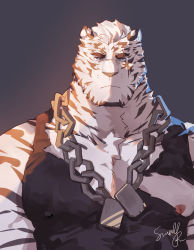Rule 34 | 1boy, absurdres, animal ears, arknights, bara, bare pectorals, black tank top, blue eyes, chain, chain necklace, chest hair, covered erect nipples, furry, furry male, guoguo, highres, jewelry, large pectorals, looking at viewer, male focus, mountain (arknights), muscular, necklace, pectorals, scar, scar across eye, scar on face, shirt, short hair, solo, tank top, tiger boy, tiger ears, tiger stripes, torn clothes, torn shirt, torn tank top, upper body, white fur, white hair