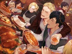 Rule 34 | 2girls, 4boys, absurdres, alternate costume, annie leonhart, apron, arm around neck, arm around shoulder, arms around neck, basket, bertolt hoover, black hair, black jacket, black sweater, blonde hair, blue eyes, blurry, blurry background, bottle, bread, brown hair, buzz cut, cake, carrying, casual, christmas, christmas lights, christmas tree, commentary, connie springer, contemporary, cup, dark-skinned male, dark skin, drink, drinking glass, eren yeager, food, food in mouth, fruit, green eyes, grey apron, grey hair, grey hoodie, grey shirt, hair bun, highres, holding, holding bottle, holding cup, holding food, holding knife, hood, hood down, hoodie, jacket, knife, looking at another, meguo (guyutyankani), multiple boys, multiple girls, open mouth, orange (fruit), orange slice, out of frame, parted lips, pie, pizza, plaid, plaid shirt, pouring, red scarf, red shirt, reiner braun, sasha blouse, scarf, shingeki no kyojin, shirt, short hair, single hair bun, sitting, sleeveless, sleeveless jacket, smile, sweatdrop, sweater, swept bangs, symbol-only commentary, table, turkey (food), turkey leg, turtleneck, turtleneck sweater, upper body, v-shaped eyebrows, very short hair, yellow eyes