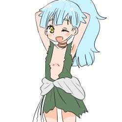 Rule 34 | 10s, 1girl, alternate hairstyle, armpits, arms behind head, arms up, blue hair, blush, blush stickers, dororo (tezuka), highres, hoshikawa lily, long hair, looking at viewer, no bra, one eye closed, open mouth, ponytail, simple background, smile, solo, standing, tekisui, white background, wink, yellow eyes, zombie, zombie land saga