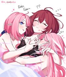 3girls ? ?? bed_sheet black_camisole blue_eyes breasts brown_hair camisole character_name closed_eyes dyadyadya eden_(honkai_impact) elf elysia_(herrscher_of_human:_ego)_(honkai_impact) elysia_(honkai_impact) elysia_(miss_pink_elf)_(honkai_impact) heart highres honkai_(series) honkai_impact_3rd hug lipstick_mark lipstick_mark_on_face long_hair multiple_girls parted_lips pink_camisole pink_hair pointy_ears smile teeth twitter_username white_background yuri zzz