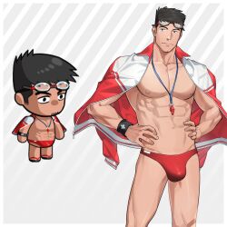 Rule 34 | 1boy, abs, absurdres, bara, bare pectorals, bulge, character request, chibi, cowboy shot, ero condo, facial hair, goatee stubble, goggles, goggles on head, highres, jacket, kienbiu, lifeguard, male focus, male swimwear, navel, nipples, official alternate costume, open clothes, open jacket, paid reward available, pectorals, red male swimwear, short hair, simple background, solo, standing, stomach, stubble, swim briefs, toned, toned male, whistle, whistle around neck