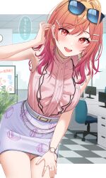 Rule 34 | 1girl, absurdres, adjusting hair, ahoge, belt, blush, breasts, cowboy shot, earrings, eyewear on head, frilled shirt, frills, gradient hair, hair intakes, high-waist skirt, highres, hololive, hololive dev is, ichijou ririka, indoors, jewelry, lace, lace-trimmed skirt, lace trim, large breasts, leaning forward, long hair, looking at viewer, mugino0515, multicolored hair, office, open mouth, orange eyes, orange hair, pencil skirt, pink shirt, shirt, shirt tucked in, skirt, sleeveless, sleeveless turtleneck, smile, solo, speech bubble, thigh strap, turtleneck, virtual youtuber