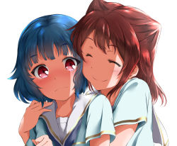 Rule 34 | 2girls, bang dream!, blue hair, blush, brown hair, closed eyes, collarbone, commentary request, cone hair bun, envel203, hair between eyes, hair bun, hand on another&#039;s shoulder, hug, hug from behind, long hair, looking at viewer, multiple girls, red eyes, school uniform, shirt, short hair, simple background, smile, toyama kasumi, ushigome rimi, white background, yuri