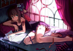 Rule 34 | 1girl, bail, bed, book, breasts, brown hair, canopy bed, cleavage, confetti, curtains, flower, garter straps, green eyes, hair flower, hair ornament, high heels, jewelry, legs, lingerie, lying, on side, original, petals, pillow, ponytail, ribbon, ring, sandals, shoes, socks, solo, strap slip, striped clothes, striped socks, sunlight, thighhighs, thighs, underwear, white socks, window