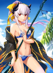 Rule 34 | 1girl, bikini, breasts, cleavage, fate/grand order, fate (series), frilled bikini, frills, front-tie top, hair between eyes, hair ornament, highres, horns, japanese clothes, kimono, kiyohime (fate), kiyohime (fate/grand order), kiyohime (swimsuit lancer) (fate), kiyohime (swimsuit lancer) (third ascension) (fate), long hair, navel, okamin, polearm, red eyes, ribbon, solo, spear, swimsuit, weapon, white hair, yellow ribbon