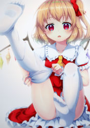 Rule 34 | 1girl, adjusting clothes, adjusting legwear, ascot, blonde hair, bloom, blush, breasts, collarbone, commentary request, crystal, flandre scarlet, frilled shirt collar, frills, hair between eyes, hair ribbon, looking at viewer, no headwear, one side up, open mouth, panties, pantyshot, petticoat, puffy short sleeves, puffy sleeves, red eyes, red ribbon, red skirt, red vest, ribbon, short hair, short sleeves, sitting, skirt, small breasts, solo, thighhighs, tomo takino, touhou, underwear, vest, white thighhighs, wings, yellow ascot