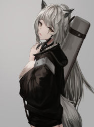 Rule 34 | 1girl, :o, absurdres, animal ears, arknights, bad id, bad pixiv id, black jacket, cowboy shot, fang, from side, grey background, grey eyes, hair ornament, highres, holding, jacket, lappland (arknights), long hair, looking at viewer, looking to the side, mea (hwaksal), scar, scar across eye, scar on face, silver hair, simple background, solo, very long hair, wolf ears