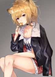 Rule 34 | 1girl, animal ears, arknights, black jacket, black nails, blonde hair, breasts, brown eyes, candy, cleavage, cutoffs, feet out of frame, female focus, food, fur-trimmed jacket, fur trim, gradient background, grey background, hand up, highres, holding, holding food, invisible chair, jacket, kabashima hana, large breasts, lion ears, lollipop, long sleeves, looking at viewer, nail polish, ponytail, red shorts, shirt, short hair, short shorts, shorts, siege (arknights), sitting, solo, t-shirt, thighs, white shirt