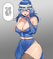 Rule 34 | 1girl, bare shoulders, blue dress, blue eyes, blue hair, blush, bob (bobtheneet), breasts, cleavage, collarbone, dress, elbow gloves, english text, fairy tail, fingers together, gloves, grey background, hat, highres, juvia lockser, large breasts, long hair, single elbow glove, solo, speech bubble, thick thighs, thighhighs, thighs, wide hips
