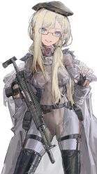 Rule 34 | 1girl, a-545 (girls&#039; frontline), absurdres, black gloves, blonde hair, blue eyes, bodysuit, braid, breasts, coat, cowboy shot, fingerless gloves, girls&#039; frontline, glasses, gloves, grey coat, gun, hat, headphones, highres, holding, holding gun, holding weapon, long hair, long sleeves, looking at viewer, medium breasts, messikid, open clothes, open coat, parted lips, simple background, smile, solo, standing, weapon, white background