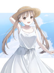 Rule 34 | 1girl, :d, breasts, brown eyes, brown hair, cloud, cloudy sky, collarbone, commentary, dress, hand on own head, hat, highres, long hair, looking at viewer, miteinano (mitei nano28), open mouth, original, ribbon, sky, smile, solo, straw hat, sundress, teeth, twintails, white dress, white ribbon