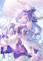 Rule 34 | 1girl, absurdres, aqua eyes, arm up, armpits, bare shoulders, blue hair, breasts, caisena, closed mouth, detached sleeves, dress, gloves, hair between eyes, halo, head wings, highres, honkai: star rail, honkai (series), jewelry, long hair, looking at viewer, purple dress, purple hair, robin (honkai: star rail), short sleeves, smile, solo, very long hair, white dress, white gloves, wings
