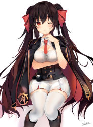 Rule 34 | 1girl, absurdres, arm under breasts, bad id, bad pixiv id, belt, black hair, blush, boots, breasts, brown eyes, brown footwear, brown hair, buckle, buttons, cleavage cutout, closed mouth, clothing cutout, commentary, corset, double-breasted, finger to mouth, girls&#039; frontline, gloves, gradient hair, hair between eyes, hair ribbon, highres, jacket, jacket on shoulders, knee boots, long hair, looking at viewer, medium breasts, multicolored hair, necktie, one eye closed, pleated skirt, pouch, red necktie, ribbon, sashima, shirt, sidelocks, signature, simple background, sitting, skirt, sleeveless, sleeveless shirt, smile, solo, taut clothes, taut shirt, thighhighs, twintails, type 97 (girls&#039; frontline), underbust, very long hair, white shirt, white thighhighs