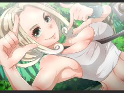 Rule 34 | 10s, 1girl, alternate color, armpits, arms up, bag, bare shoulders, between breasts, blonde hair, blue eyes, breasts, camera, cleavage, creatures (company), forest, game freak, green eyes, gym leader, highres, huge breasts, junior (namatamemisa), large breasts, nature, nintendo, open mouth, pokemon, pokemon xy, shiny skin, shirt, short hair, smile, solo, tank top, taut clothes, viola (pokemon), white shirt, wristband