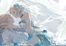 Rule 34 | 1boy, 1girl, absurdres, arm at side, back bow, bare shoulders, black choker, blonde hair, blue eyes, blue flower, blue petals, blue rose, blue skirt, bow, braid, bridal veil, choker, closed eyes, crown braid, curtains, detached sleeves, dress, flower, flower on liquid, frilled sleeves, frills, from side, gradient sleeves, hair flower, hair ornament, hairclip, hand on another&#039;s cheek, hand on another&#039;s face, hand up, high-low skirt, highres, leaf, leaning back, leaning forward, leaning on object, link, looking at another, medium hair, nintendo, on lap, parted lips, partially submerged, petals, pointy ears, princess zelda, profile, rose, see-through, see-through sleeves, shirt, short hair, sitting, sitting on lap, sitting on person, skirt, sleeping, sleeve cuffs, ten 1397xx, the legend of zelda, the legend of zelda: tears of the kingdom, veil, water, wedding dress, white bow, white dress, white shirt