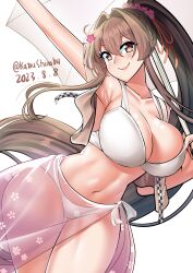 Rule 34 | 1girl, absurdres, bikini, breasts, brown hair, cherry blossoms, cowboy shot, dated, flower, hair flower, hair ornament, highres, kantai collection, katou shinobu, large breasts, lips, long hair, official alternate costume, pink sarong, ponytail, sarong, see-through, see-through sarong, solo, swimsuit, twitter username, umbrella, white background, white bikini, white umbrella, yamato (kancolle), yamato kai ni (kancolle)