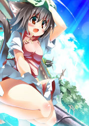 Rule 34 | 1girl, animal ears, bare legs, barefoot, blue sky, blush, breasts, brown hair, cat ears, cat tail, chen, cloud, contrail, day, fang, hand on headwear, hat, highres, koha, medium breasts, open mouth, red eyes, short hair, sky, smile, solo, tail, touhou