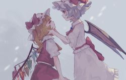 Rule 34 | ascot, bad id, bad pixiv id, bat wings, blonde hair, bow, brooch, chishibuki hiyoko, crystal, dress, flandre scarlet, frilled shirt, frilled shirt collar, frilled skirt, frilled sleeves, frills, grey background, grey hair, hands on another&#039;s face, hat, hat ribbon, highres, jewelry, medium hair, mob cap, multiple girls, one side up, pink dress, puffy short sleeves, puffy sleeves, red bow, red eyes, red ribbon, red skirt, red vest, remilia scarlet, ribbon, sash, shirt, short hair, short sleeves, siblings, side ponytail, sisters, skirt, skirt set, touhou, vest, wavy hair, white shirt, wings, yellow ascot