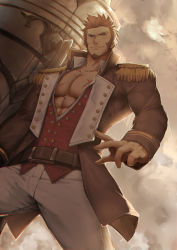 Rule 34 | 1boy, abs, bad id, beard, blue eyes, brown hair, epaulettes, facial hair, fate/grand order, fate (series), highres, huge weapon, large pectorals, long sideburns, long sleeves, looking at viewer, male focus, military, muscular, napoleon bonaparte (fate), pants, pectorals, scar, sideburns, smile, solo, uniform, weapon, zoom (archer20594)