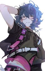 Rule 34 | 1boy, aoba tsumugi, black gloves, black jacket, black pants, blue hair, ensemble stars!, glasses, gloves, grey background, hand in own hair, highres, jacket, jewelry, lightning bolt symbol, looking at viewer, male focus, multicolored hair, necklace, pants, pink shirt, shirt, short hair, simple background, smile, solo, teeth, tsmkwa, wavy hair