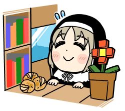 Rule 34 | 1girl, bkub, blush, blush stickers, bookshelf, capelet, closed eyes, closed mouth, commentary request, dot nose, flower, flower pot, flying sweatdrops, food, grey hair, habit, highres, minecraft, neck ribbon, nijisanji, nun, partial commentary, plant, potato, potted plant, red flower, ribbon, simple background, sister claire, sister claire (1st costume), smile, solo, table, traditional nun, virtual youtuber, white background, white capelet, white ribbon, window
