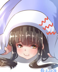 Rule 34 | 10s, 1girl, :t, amatelas, artist name, black hair, blanket, blunt bangs, combat s-ko, fume, hatsuyuki (kancolle), highres, hime cut, kantai collection, looking at viewer, lying, on stomach, simple background, solo, twitter username, yellow eyes