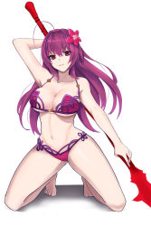 Rule 34 | 1girl, arm up, bad id, bad pixiv id, bikini, breasts, cleavage, commentary request, fate/grand order, fate (series), flower, gae bolg (fate), gongba laoge, hair flower, hair ornament, holding, holding weapon, large breasts, long hair, navel, purple hair, red eyes, scathach (fate), scathach (fate), scathach (fate/grand order), scathach (swimsuit assassin) (fate), simple background, smile, soles, solo, swimsuit, weapon