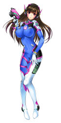 Rule 34 | 1girl, alternate breast size, alternate eye color, bodysuit, breasts, brown hair, charm (object), clothes around waist, covered erect nipples, covered navel, d.va (overwatch), emblem, facepaint, facial mark, full body, gen (genetrix), gloves, gun, handgun, headphones, highres, impossible bodysuit, impossible clothes, knees together feet apart, large breasts, logo, long hair, looking at viewer, open mouth, overwatch, overwatch 1, pilot suit, pistol, purple eyes, simple background, skin tight, solo, standing, swept bangs, trigger discipline, weapon, whisker markings, white background, white gloves