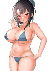Rule 34 | 1girl, absurdres, beret, bikini, black hair, blue bikini, blue hat, breasts, cleavage, cowboy shot, curvy, hat, highres, kantai collection, large breasts, looking at viewer, ok sign, red eyes, short hair, simple background, solo, standing, swimsuit, takao (kancolle), tf cafe, white background