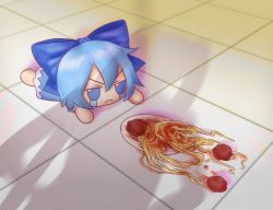 Rule 34 | apu spills his tendies (meme), artist name, blue bow, blue dress, blue eyes, blue hair, bow, cirno, crossover, crying, crying with eyes open, dress, fallen down, floor, food, fumo (doll), hair between eyes, hatsune miku, highres, meatball, meme, on floor, out of frame, pasta, puffy short sleeves, puffy sleeves, shadow, short hair, short sleeves, simple background, skullchimes, spaghetti, spaghetti and meatballs, tears, tiles, touhou, twitter username, v-shaped eyebrows, vocaloid
