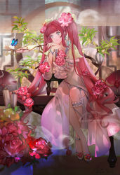 Rule 34 | 1girl, blue eyes, bug, butterfly, character request, chinese clothes, earrings, eyebrows, fingernails, flower, hair flower, hair ornament, hand fan, highres, holding, holding fan, insect, jewelry, long hair, long sleeves, nail polish, noir (ibaraki), pink hair, pink nails, plant, shoes, sitting, smile, solo, twintails, very long hair, wangzhe rongyao