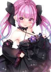 Rule 34 | 1girl, bare shoulders, black choker, black dress, black ribbon, blue hair, blush, breasts, choker, cleavage, colored inner hair, commentary request, cosplay, criss-cross halter, detached sleeves, dress, frilled choker, frilled ribbon, frills, hair ribbon, halter dress, halterneck, highres, hololive, large breasts, long hair, long sleeves, looking at viewer, minato aqua, multicolored hair, murasaki shion, murasaki shion (gothic lolita), murasaki shion (cosplay), parted lips, pink hair, purple eyes, ribbon, simple background, skirt hold, sleeveless, sleeveless dress, smile, solo, virtual youtuber, white background, yuano