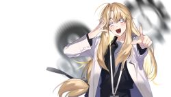 Rule 34 | 1boy, bishounen, black ribbon, blonde hair, blue eyes, blurry, blurry background, blush, coat, gears, hair between eyes, hair ribbon, highres, lab coat, lanyard, long hair, lower teeth only, male focus, nykim0915, open clothes, open coat, open mouth, original, pointing, pointing at viewer, ribbon, solo, teeth, tongue, trap, white coat