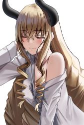 Rule 34 | 1girl, arm behind head, blonde hair, blush, closed eyes, closed mouth, collarbone, commentary, english commentary, highres, horns, lips, long hair, nicky w, original, shirt, smile, solo, upper body, white background, white shirt