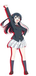 Rule 34 | 1girl, arm up, black hair, black jacket, brown footwear, clenched hand, collared shirt, full body, grey eyes, hand on own hip, jacket, loafers, long hair, long sleeves, looking at viewer, love live!, love live! nijigasaki high school idol club, neck ribbon, nijigasaki academy school uniform, official art, one side up, open mouth, red ribbon, ribbon, school uniform, shirt, shoes, sidelocks, solo, standing, teeth, transparent background, upper teeth only, v-shaped eyebrows, white shirt, winter uniform, yuki setsuna (love live!)