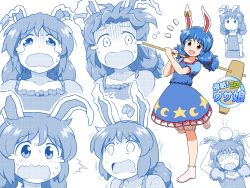 Rule 34 | 1girl, @ @, ^^^, animal ears, blue dress, blue hair, blue theme, commentary request, crescent print, dress, earclip, holding, holding mallet, kine, mallet, multiple views, open mouth, parody, puffy short sleeves, puffy sleeves, rabbit ears, red eyes, seiran (touhou), shinryaku! ikamusume, shirosato, short hair, short sleeves, smile, socks, star (symbol), star print, tearing up, tears, title parody, touhou, wavy mouth, white legwear
