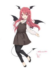 Rule 34 | 1girl, :d, adapted costume, black dress, black footwear, black pants, black sash, blush, commentary request, demon tail, demon wings, dress, full body, hand on own chest, head wings, high heels, highres, koakuma, leggings, long hair, long sleeves, looking at viewer, open mouth, pants, plaid, plaid dress, pocket, pointy ears, red eyes, red hair, sash, shirt, signature, smile, solo, tail, touhou, toutenkou, translation request, unmoving pattern, white shirt, wings