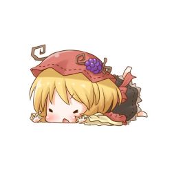 Rule 34 | 1girl, aki minoriko, arinu, barefoot, blonde hair, closed eyes, food, food on head, fruit on head, full body, hat, lying, object on head, on stomach, open mouth, short hair, simple background, solo, touhou, white background
