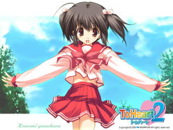 Rule 34 | 00s, 1girl, black hair, blush, bow, brown eyes, character name, cloud, copyright name, day, dress, hair bow, mitsumi misato, official art, official wallpaper, open mouth, outstretched arms, rainbow text, red dress, school uniform, serafuku, shirt, sky, smile, solo, spread arms, to heart (series), to heart 2, tree, twintails, wallpaper, white shirt, yuzuhara konomi