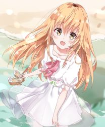 Rule 34 | 1girl, alternate costume, bad id, bad pixiv id, between legs, blonde hair, bow, collarbone, cowboy shot, dress, floral print, flower, footprints, footwear bow, from above, hand between legs, highres, holding, holding shoes, ienaga mugi, long hair, looking at viewer, looking up, milluun, nijisanji, open mouth, red bow, sand, shoes, shore, solo, strappy heels, tulip, very long hair, virtual youtuber, water, white dress, yellow eyes